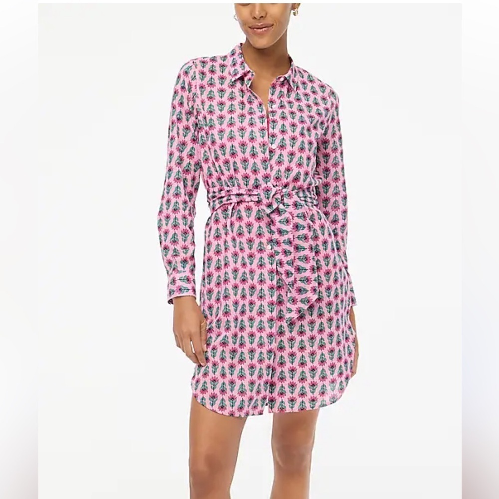 J Crew Shirt Dress Button Front Pink Tie belt
